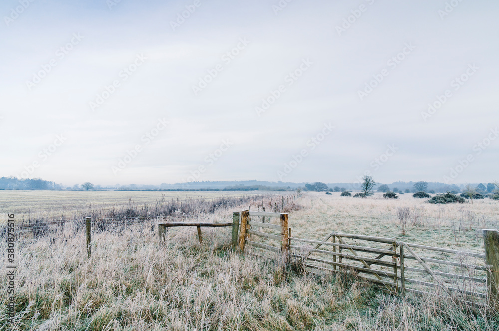 Rural field and gate covered in frost. Norfolk, UK.