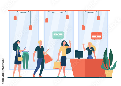People shopping in store and waiting in line or queue flat vector illustration. Cartoon seller standing and greeting customers. Sale, discount and special offer concept