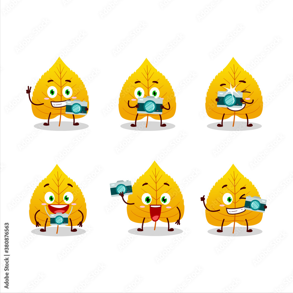 Photographer profession emoticon with yellow dried leaves cartoon character