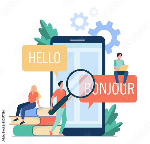 Translating app on mobile phone. People using online translation service, translating from English into French. Vector illustration for foreign language learning, online service, communication concept