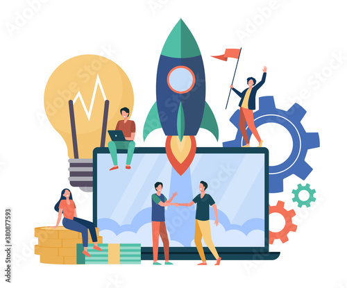 Startup project concept. Business team working on new idea, launching rocket from laptop, celebrating successful start. Vector illustration for teamwork, entrepreneurship, innovation concept