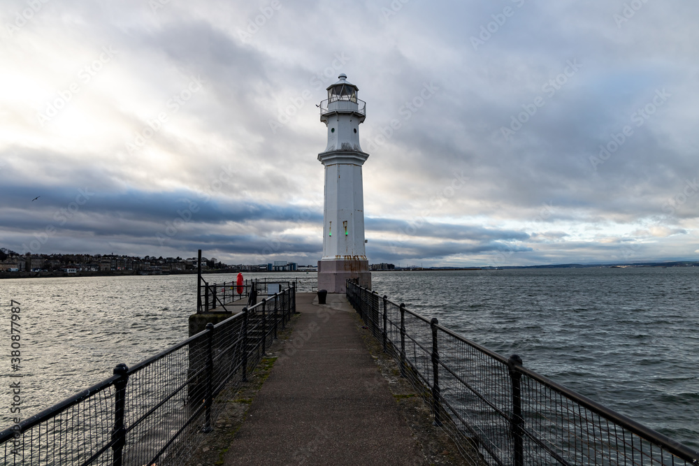 Newhaven Harbour Lighthouse Edinburgh Scotland in cloudy weather