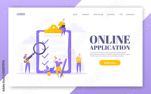 Online survey form business concept with tiny person with megaphone, pencil nearby giant clipboard complete checklist and check mark ticks flat style design vector illustration landing page template.