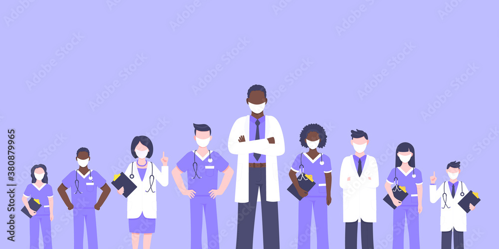 Medical staff doctor team with face masks clinic employee vector illustration isolated on white background. Hospital or medical clinic staff doctor, surgeon, nurse standing up with equipment. Medical staff doctor team with face masks clinic employee vector illustration isolated on white background. Hospital or medical clinic staff doctor, surgeon, nurse standing up with equipment.
