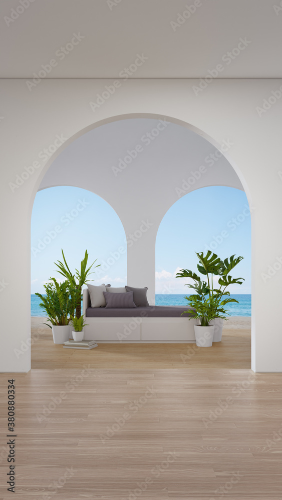 Sofa on wooden floor of living room in modern house or luxury hotel. Cozy home interior 3d rendering with beach and sea view.