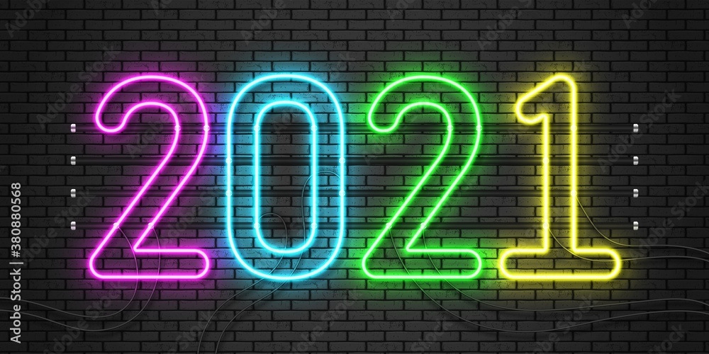 2021 neon text. Happy 2021 new year neon banner. Vector Illustration. 2021 neon text. Happy 2021 new year neon banner. Vector Illustration.