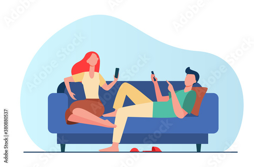 Couple sitting on sofa and using smartphones. Relaxing, couch, family flat vector illustration. Digital technology and lifestyle concept for banner, website design or landing web page
