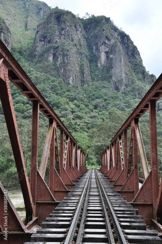 Railroad tracks crossing a bridge near Aguas Calientes in Peru  the gateway to Machu Picchu