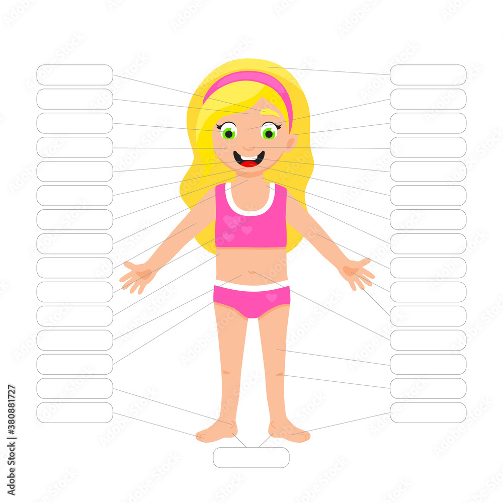 My body poster. Cute kid girl shows his body parts medical anatomy chart placard or poster flat style cartoon vector illustration isolated on white background.