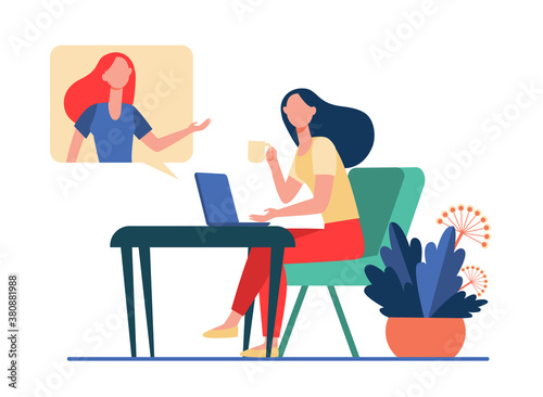 Woman using laptop and talking to friend. Video call, speech bubble, tea cup flat vector illustration. Communication, online video chat concept for banner, website design or landing web page