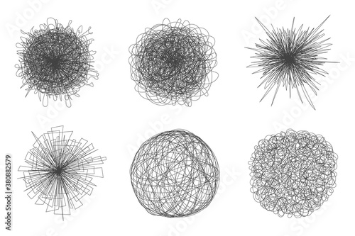 Tangled chaos abstract hand drawn messy scribble ball vector illustration set. Random chaotic dynamic scrawl lines collection. Wild emotion irregular patterns isolated on white background.