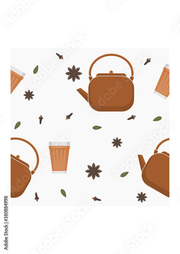 Editable Side View Indian Masala Chai in Kettle and Glass Mug With Assorted Herb Spices Vector Illustration Seamless Pattern for Creating Background of Beverages With South Asian Culture and Tradition