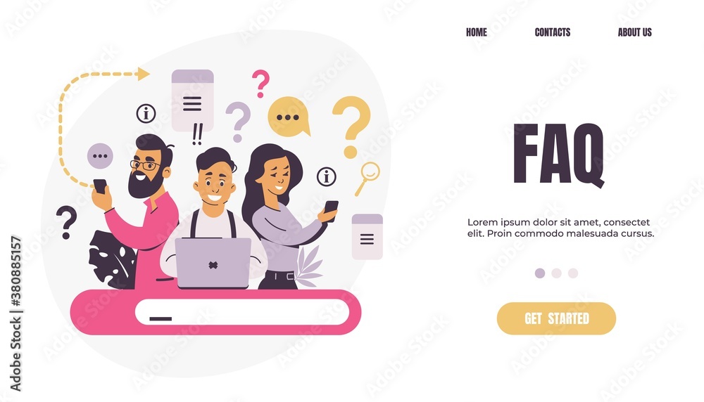 Question landing page. FAQ. People ask frequent questions. Men and women finding information in internet. Online help forum and support center, mobile app or web banner vector flat cartoon template