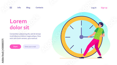 Guy moving clock hands. Man stopping time flat vector illustration. Time management, planning failure, deadline concept for banner, website design or landing web page