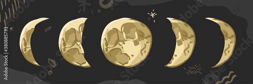 Moon symbol is a natural satellite of the moon drawn in sketch style on an abstract background. Phases of the moon, full moon on the  cosmic sky for children's books. Cartoon flat vector illustration.