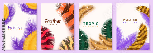 Greeting cards. Posters and invitations with realistic 3D feathers, swan and goose colored plumage. Collection of templates exotic animals pen with lettering for holidays, advertising vector set