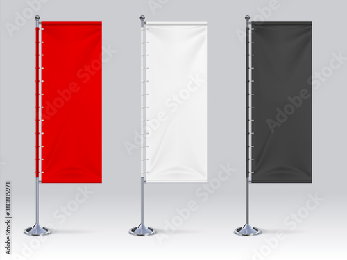 Flag banner mockup. Realistic blank hanging advertising cloth, white red and black fabric outdoor exhibition stand. Collection 3D banners for branding, logos and symbol vector design template set