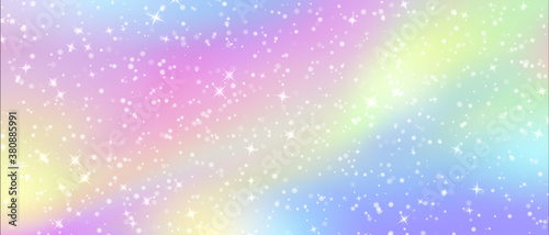 Fairy glitter background. Magic fantasy cartoon unicorn gradient pattern in pink, blue, yellow and purple tints with brilliant effect and rainbow mesh. Vector color holographic neon illustration