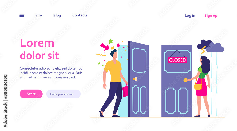 Woman standing in rain and thunderstorm at close door. Man coming by open door with festive confetti. Vector illustration for gender inequality, business discrimination, social issues concept