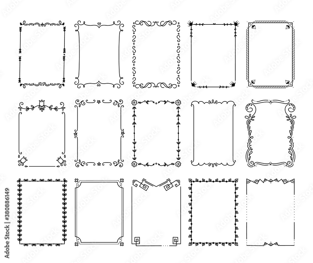 Ornamental borders. Vintage decorative frames with flourish elements and antique filigree. Flat black lines on white isolated background vector square ornate for certificate and greeting cards