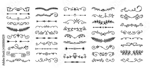 Doodle flourish dividers. Hand drawn ornament elements for greeting cards and invitations decorative frames. Collection of black lines on white isolated background. Vector vintage flat borders set