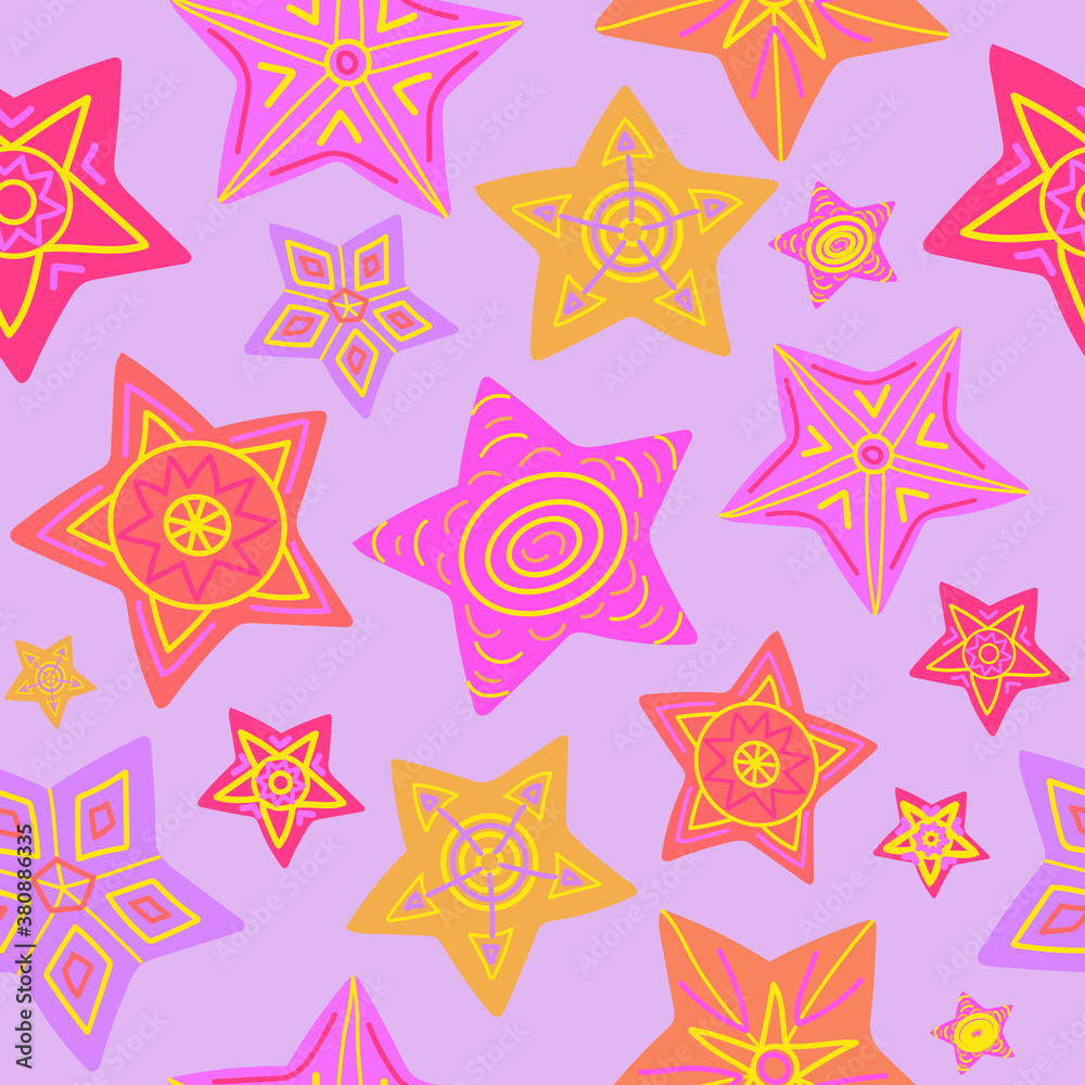 Obraz premium Seamless pattern with colorful stars on light lilac background. For Christmas, New year and other celebrations.