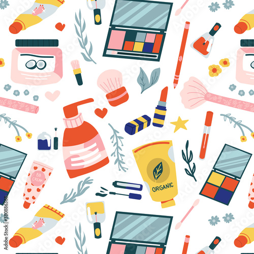 Cosmetics pattern. Seamless texture makeup and beauty products, cartoon lotion shampoo, lipstick, nail polish and cream. Template for packages, bags, wrapping paper vector doodle background on white