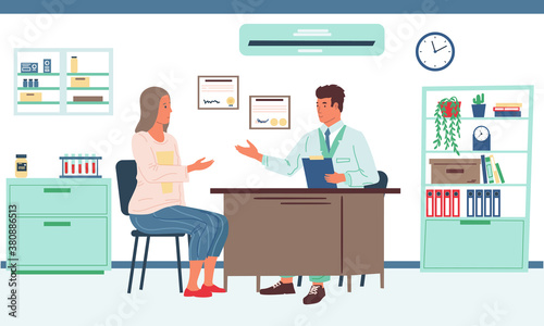 Patient consultation. Doctor appointment and examination, cartoon character visit physician or psychologist. Medical healthcare scene, specialist office interior, profession vector flat illustration