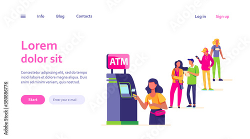 Queue of people standing for using ATM. Bank customer inserting credit card to slot for transaction. Vector illustration for business, banking, finance concept