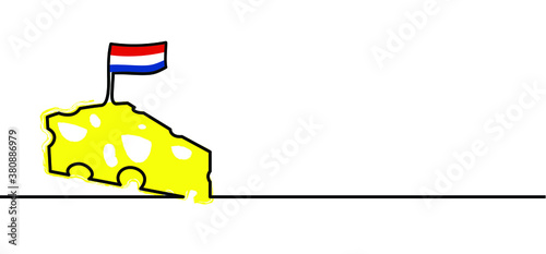 The Netherlands flag withe cheese. Cheese month party. Line pattern. Fun flat vector foot sign. Piece of Cheese, holey cheese wedge, bloks, cubes and slices. Cute of cheeses icon. Cartoon. photo