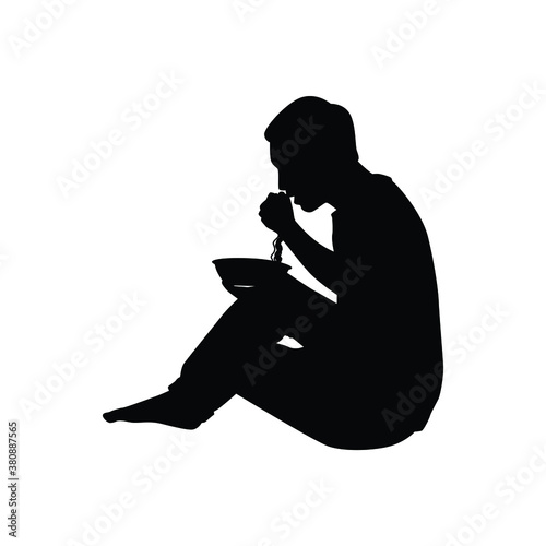 Sitting man eat noodle silhouette vector