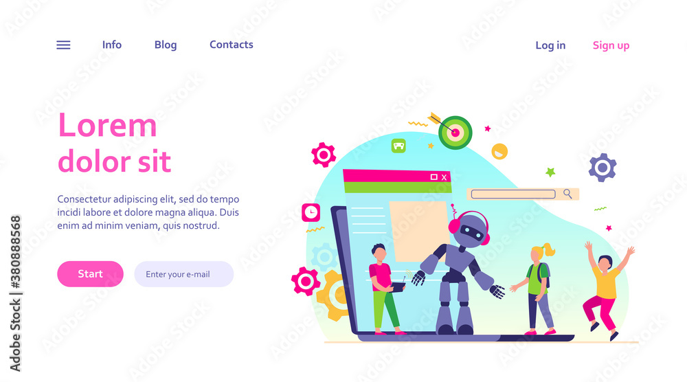 School activity and robotics class concept. Boy operating robot with remote control. Vector illustration for young engineer, education, robotic science for kids topics School activity and robotics class concept. Boy operating robot with remote control. Vector illustration for young engineer, education, robotic science for kids topics