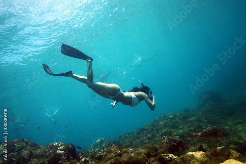 Beautiful woman snorkeling underwater in the sea, Brazil.