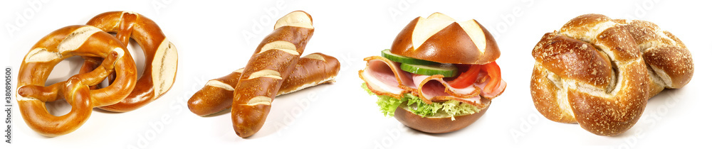 Various Lye Buns, Lye Roll with Ham and Pretzel isolated on white Background