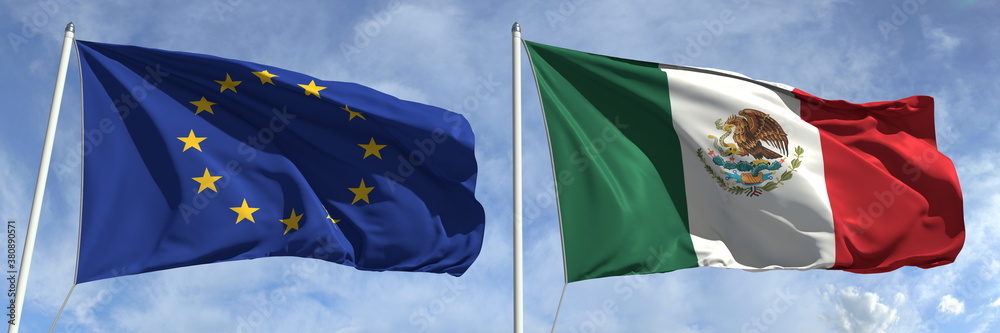 Waving flags of the European Union and Mexico on flagpoles, 3d rendering Waving flags of the European Union and Mexico on flagpoles, 3d rendering