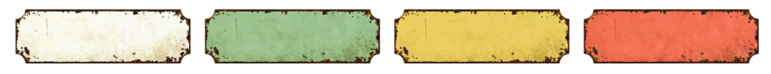 Four empty vintage tin signs on a white background
