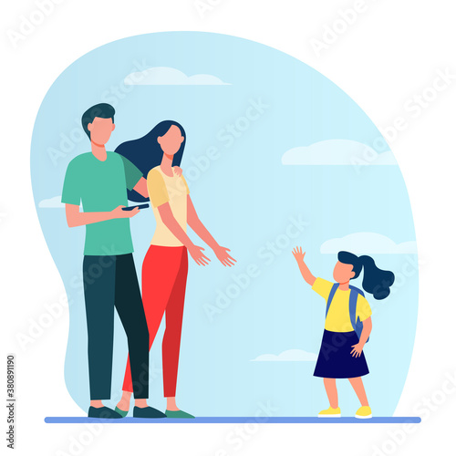 Schoolgirl with backpack walking to her parents. Mom reaching hands to daughter, dad using cell flat vector illustration. Parenthood, family concept for banner, website design or landing web page