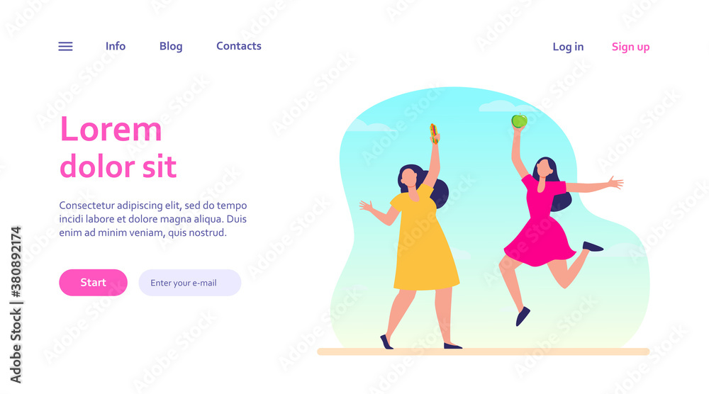 Healthy vs junk food. Fat and slim women holding hot dog and apple flat vector illustration. Healthy eating, unhealthy habit, lifestyle concept for banner, website design or landing web page