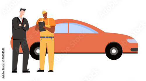 Auto mechanic sign agreement to repair automobile or car purchase