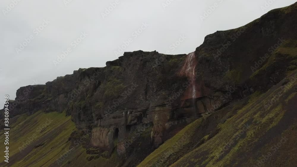 Arieal video of a waterfall near Fossalar in Iceland Arieal video of a waterfall near Fossalar in Iceland