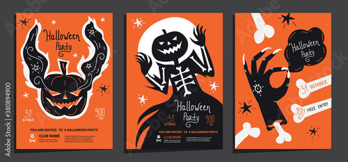 Halloween party posters invitations set of template with ghost pumpkin, haunted Jack and scary  zombie hand with bones. Vector illustration. Good for invite, poster, flyer, card, topography print
