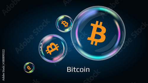 Bitcoin BTC token symbol in soap bubble. The financial pyramid will burst soon and destroyed. Vector EPS10.