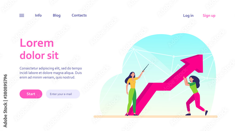 Managers resisting crisis. Woman pointing up, her colleague holding growth arrow flat vector illustration. Business, problem solving, couching concept for banner, website design or landing web page