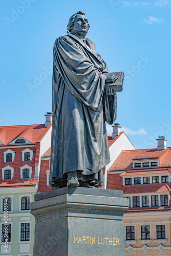 Monument of Martin Luther at Neumarkt square in downtown of Dresden, a theologist, composer, priest, who has started Reformation in Catholic Church, Germany, details, closeup..