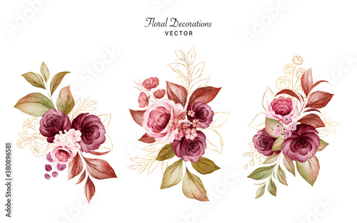 Set of gold watercolor floral arrangements of burgundy and peach roses and leaves. Botanic decoration illustration for wedding card, fabric, and logo composition