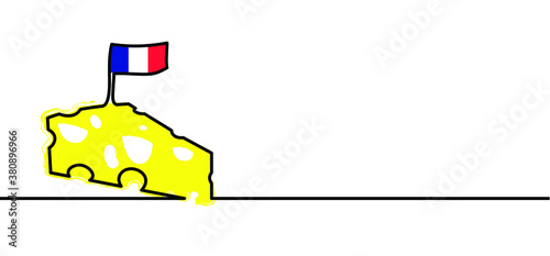 France, French flag withe cheese. Cheese month party. Line pattern. Fun flat vector foot sign. Piece of Cheese, holey cheese wedge, bloks, cubes and slices. Cute of cheeses icon. Cartoon.