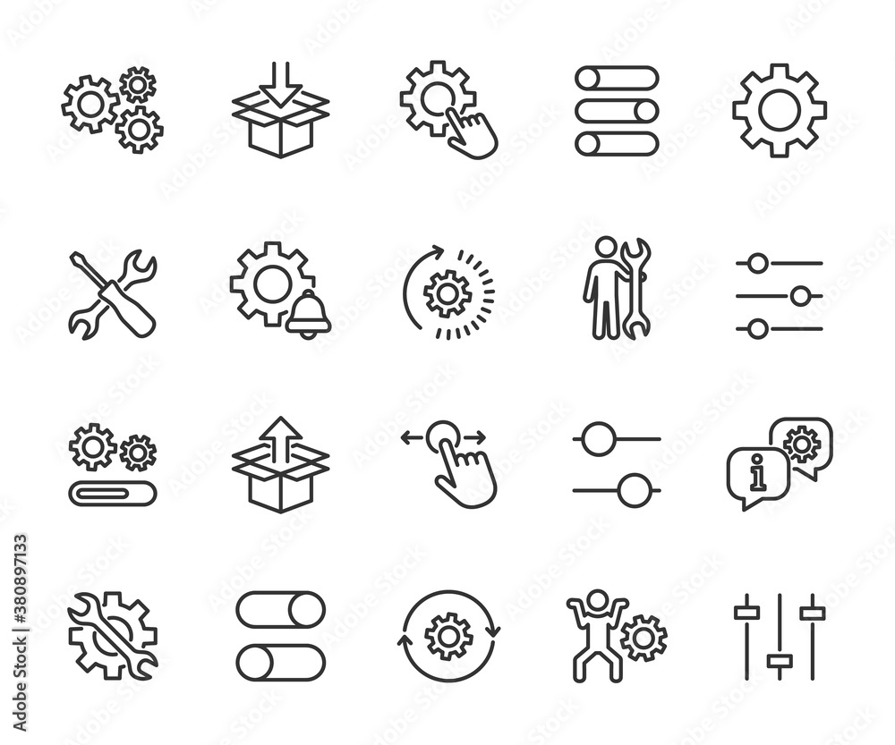 Vector set of setup line icons. Contains icons settings, installation, maintenance, update, download, configuration, options, restore settings and more. Pixel perfect. - obrazy, fototapety, plakaty 