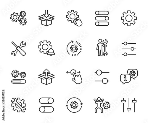 Vector set of setup line icons. Contains icons settings, installation, maintenance, update, download, configuration, options, restore settings and more. Pixel perfect.