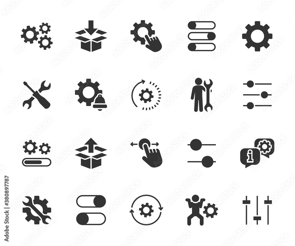 Vector set of setup flat icons. Contains icons settings, installation, maintenance, update, download, configuration, options, restore settings and more. Pixel perfect. Vector set of setup flat icons. Contains icons settings, installation, maintenance, update, download, configuration, options, restore settings and more. Pixel perfect.