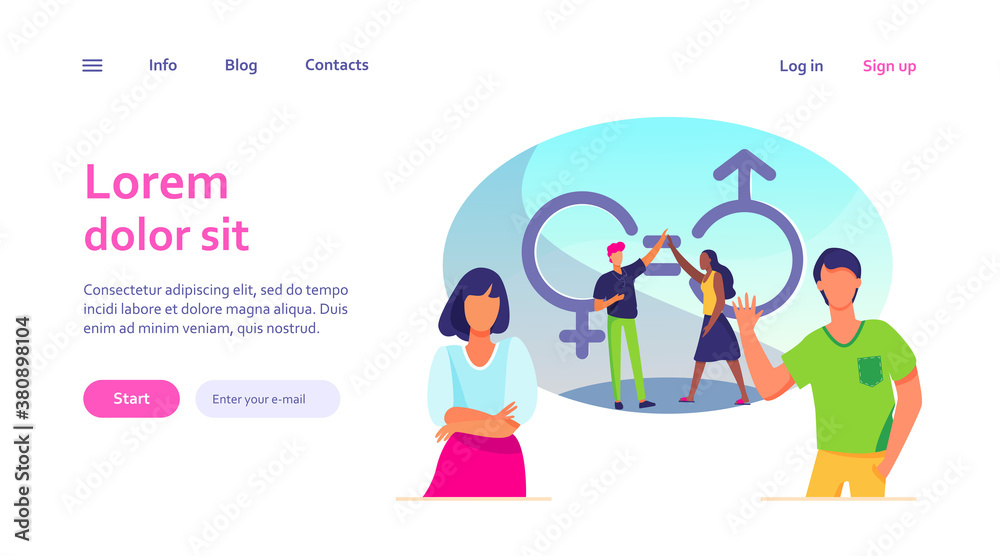 Man and woman giving high five. Male and female characters with gender symbols and equal marks. Vector illustration for equality, discrimination, diversity concept